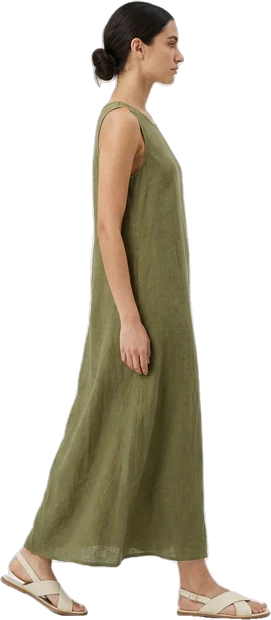Woman walking in a long moss linen dress
