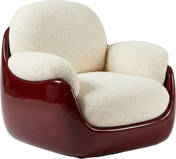 Ivory boucle chair on an oxblood lacquer base
