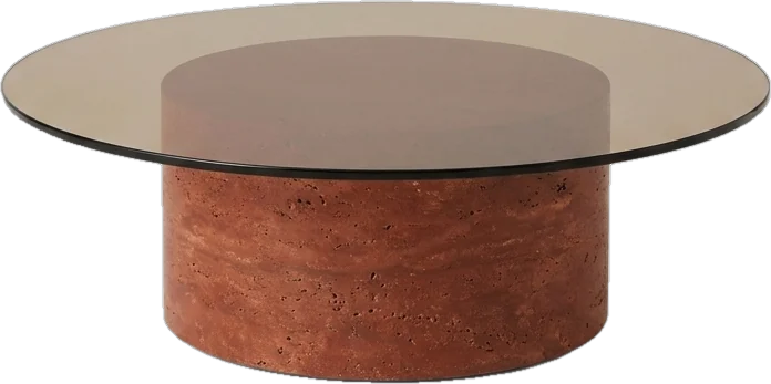 Smoked glass table on a rust travertine drum