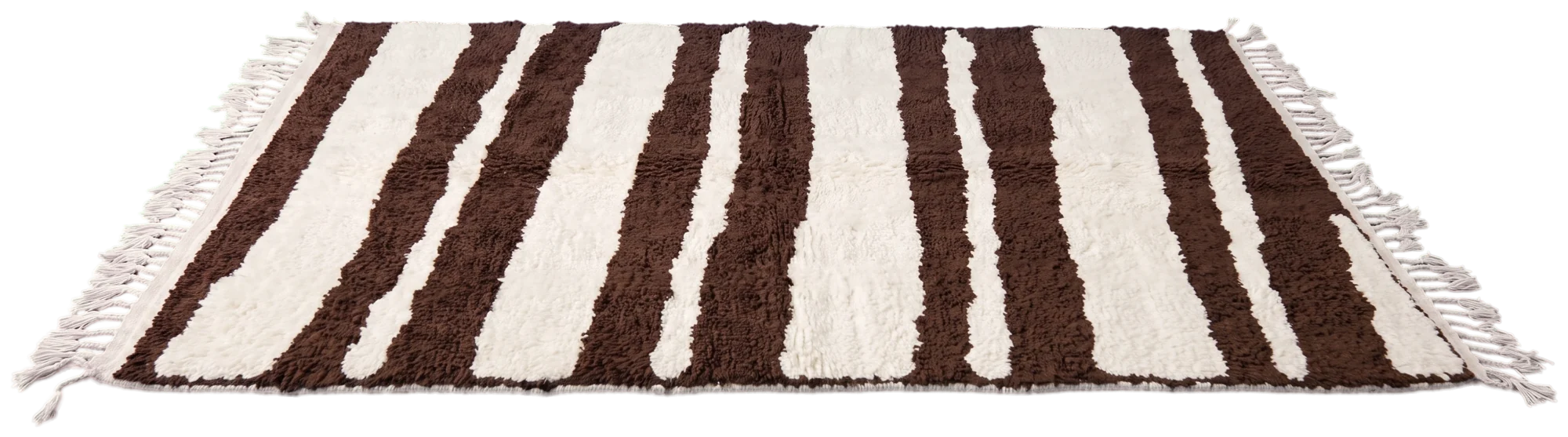 Double Stride zebra stripe wool rug in cream on espresso, laid flat
