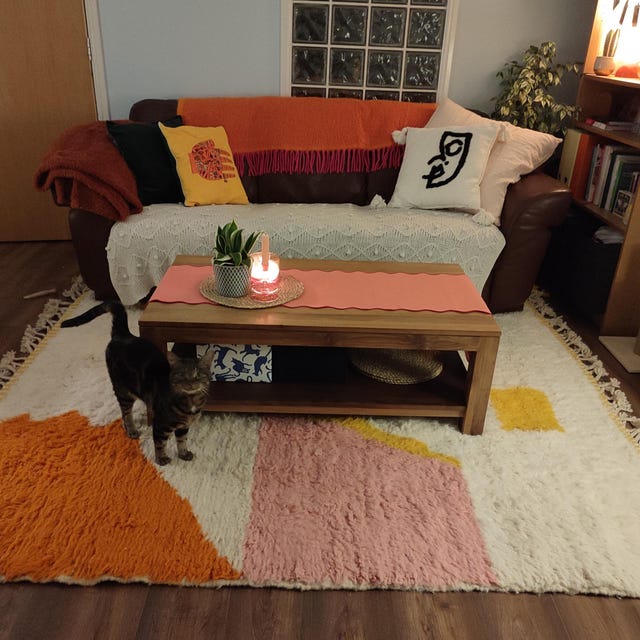 A cat standing on a colourful geometric KeshRug
