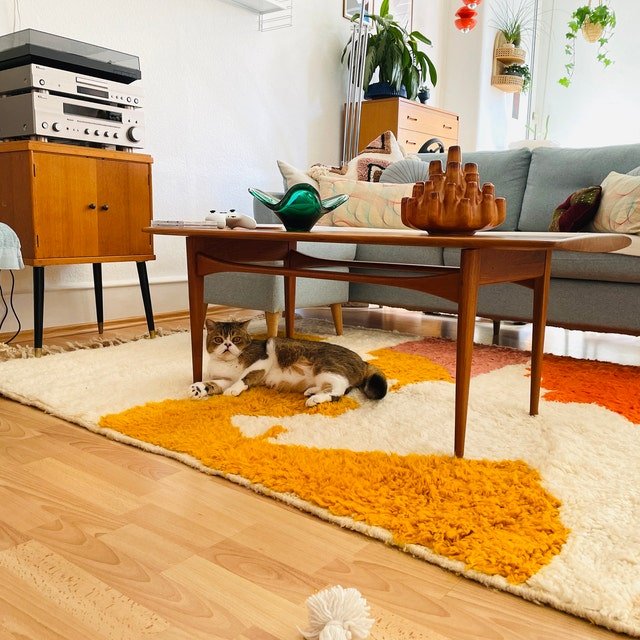 A cat resting on an orange and cream KeshRug